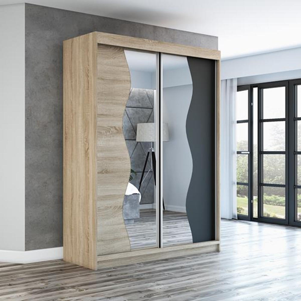 SCHWEBETÜRENSCHRANK 180 CM RIMA Farbe: Sonoma / sonoma / schwarz - Schwarz/Braun, Holzwerkstoff (180/215/59.5cm) - A&J MöbelLand