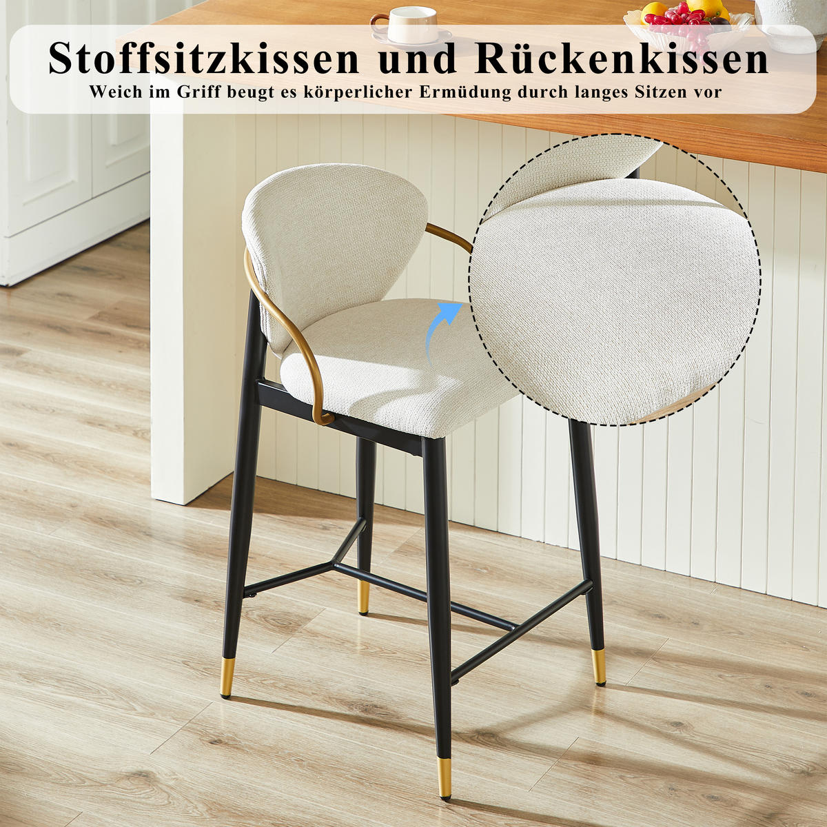 BARSTOL 2-PACK i Chenille i Beige, Svart och Guld, med Ryggstöd och Höjdjustering - Beige, Textil (52/87/57cm) - Urban Meuble