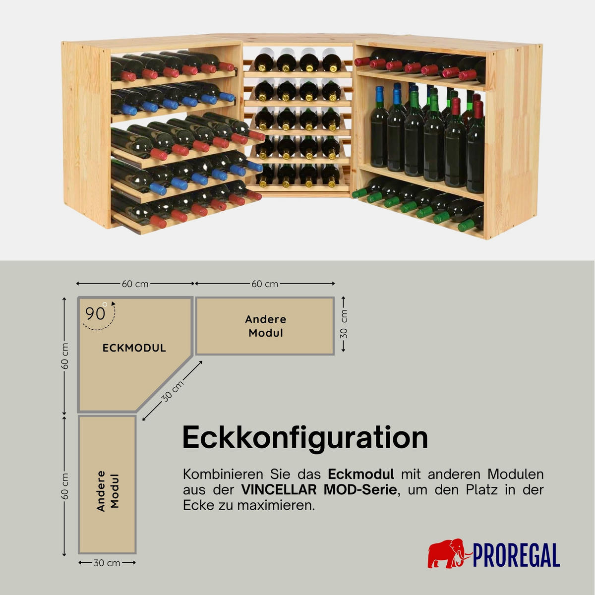 WEINREGAL Vincellar Mod 60x30x30 cm Eckmodul Für 18 Flaschen Massives Kiefernholz Natur - Naturfarben, Holz (30/60/30cm) - PROREGAL