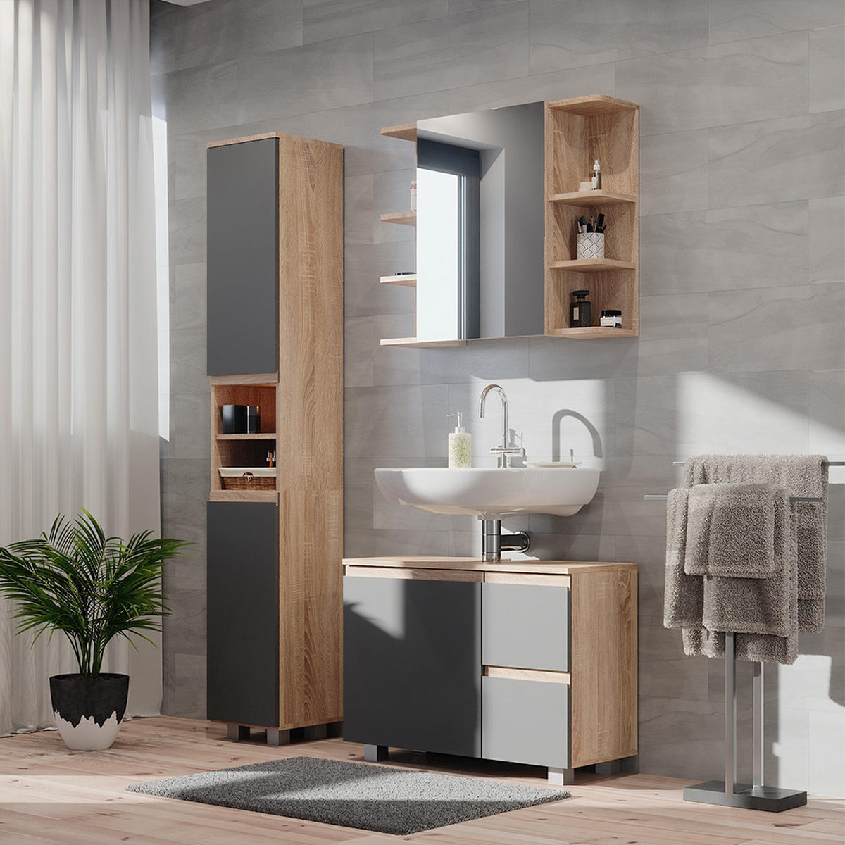 BADSCHRANK J-Shape Sonoma 30 x 190 cm - Anthrazit/Sonoma Eiche, Holzwerkstoff (30/190/30cm) - Vicco