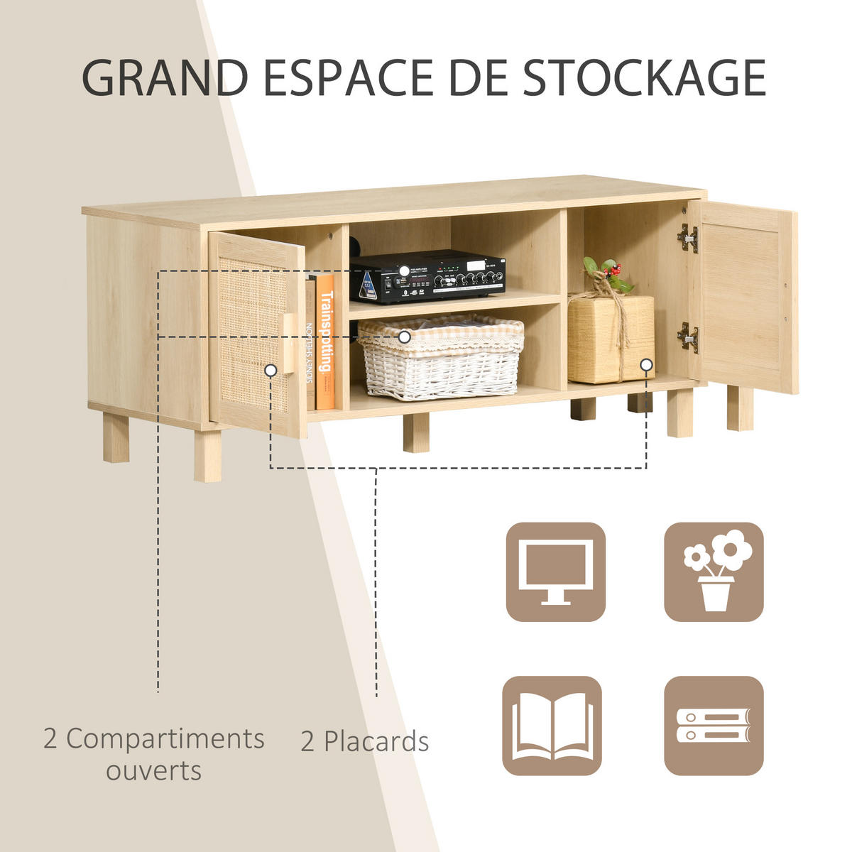 LOWBOARD DE-16078 2 Nischen, 2 Türen aus Rattan Hell Holzoptik - Beige, Holzwerkstoff (115/48/40cm) - ComfortXL