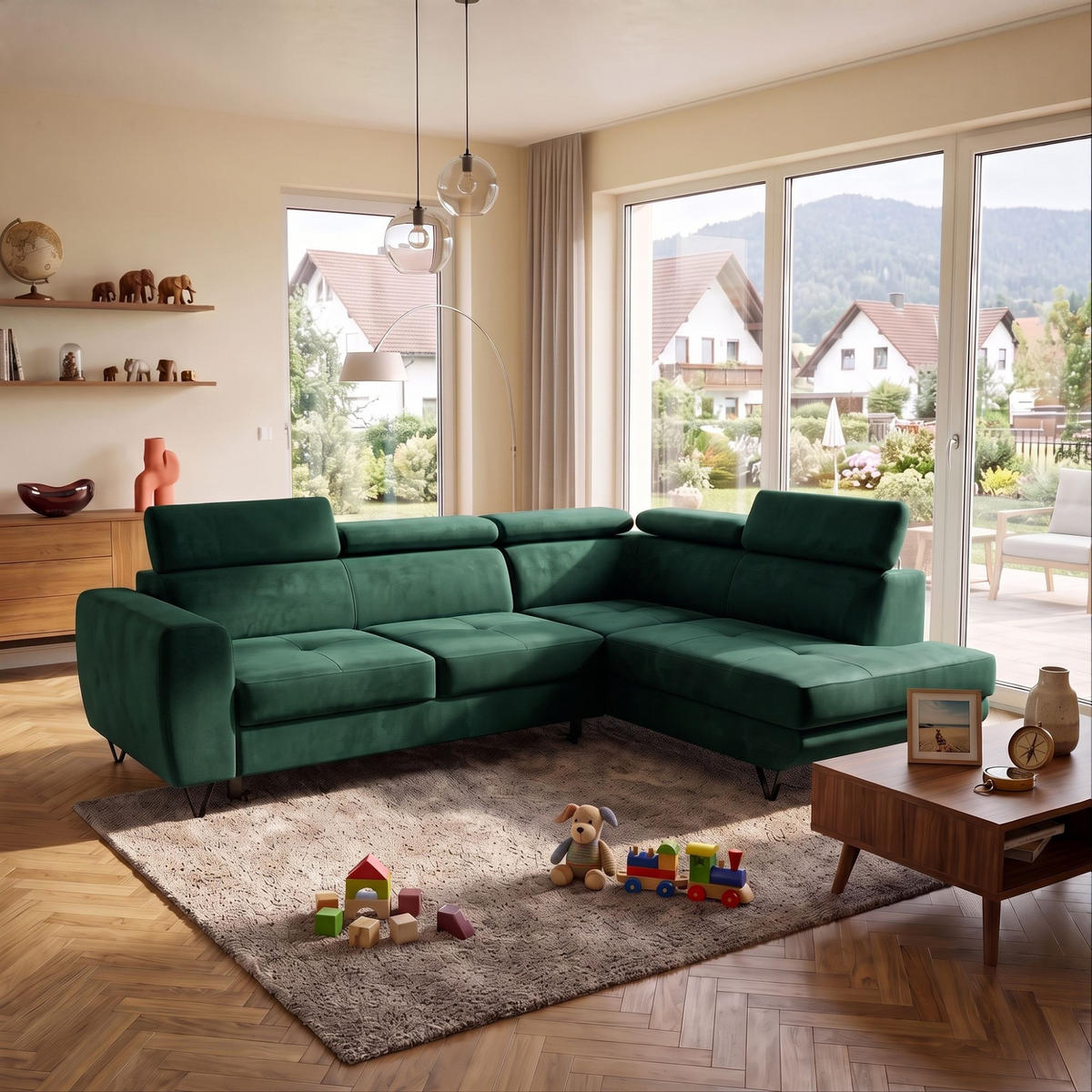ECKSOFA JUNIOR L Rechts mit Schlaffunktion 194x128 Velours Dunkelgrün - Dunkelgrün/Schwarz, Holz/Textil (184/249cm) - Muffo
