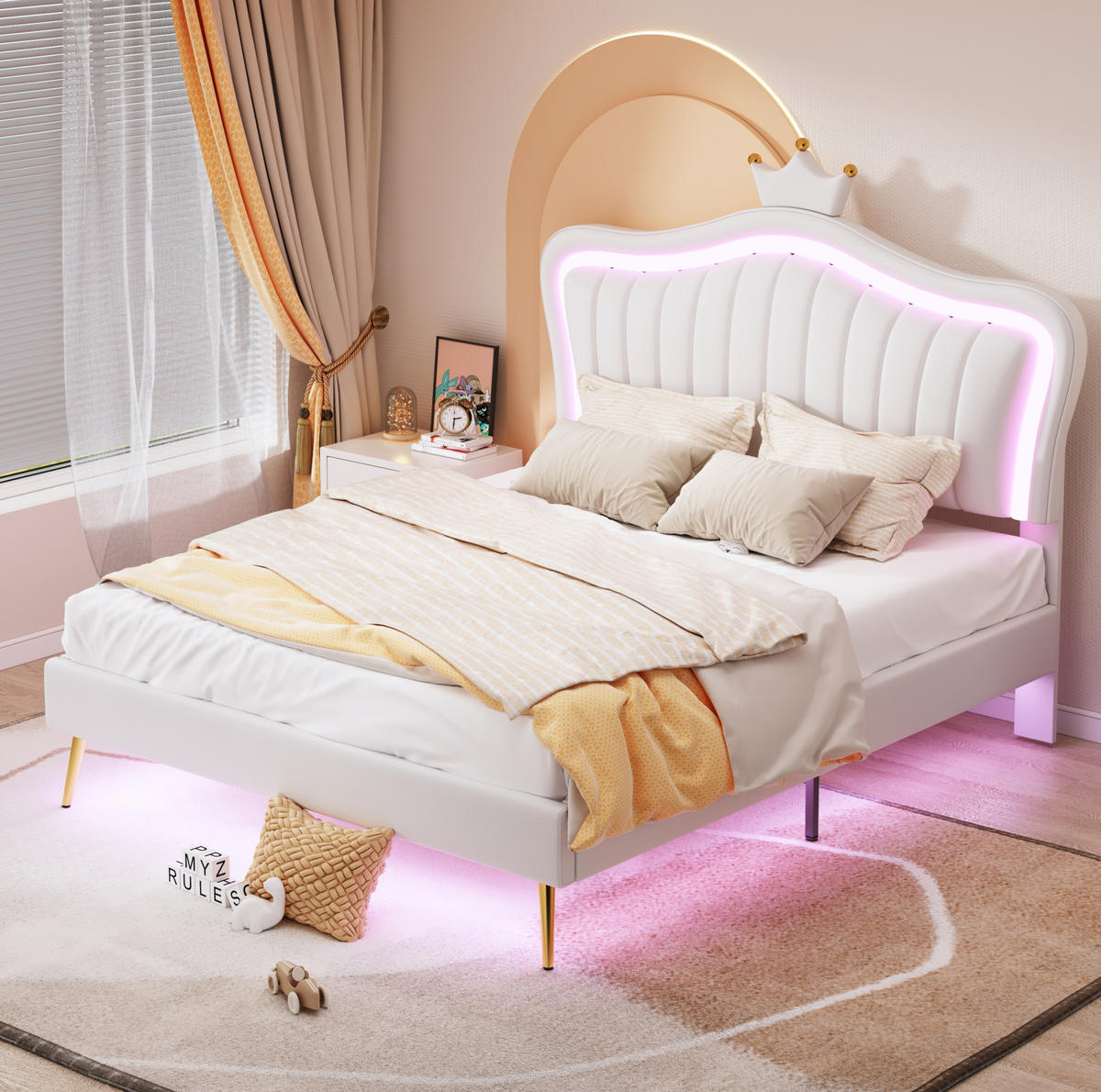 KINDER-POLSTERBETT aus Kunstleder 140x200 cm Weiß mit LED-Beleuchtung und verstellbarem Kopfteil - Weiß, Leder (140/200cm) - IVMEU