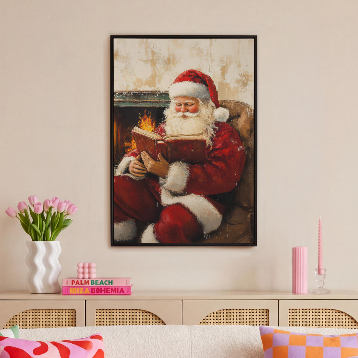LEINWAND Bilder mit Rahmen - Weihnachten - Weihnachtsmann - Winter - Open Fireside - 60x90 - Dunkelrot, Textil (60/90cm) - MuchoWow