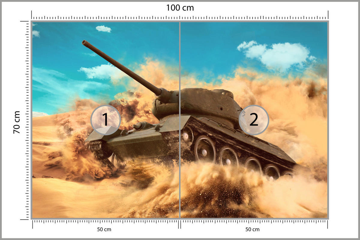 FOTOTAPETE für Jugendzimmer Kampfs Panzer Wüste Sand Dynamik 100x70 - Blau/Beige, Papier (100/70cm) - Muralo