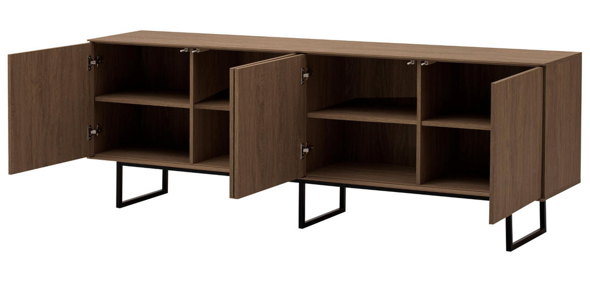 TV-LOWBOARD Nussbaum 200 x 70 cm, TV Unterteil mit Push-to-Open und Komforthöhe - Nussbaumfarben/Schwarz, Holzwerkstoff/Metall (200/70/40cm) - Furn.Design