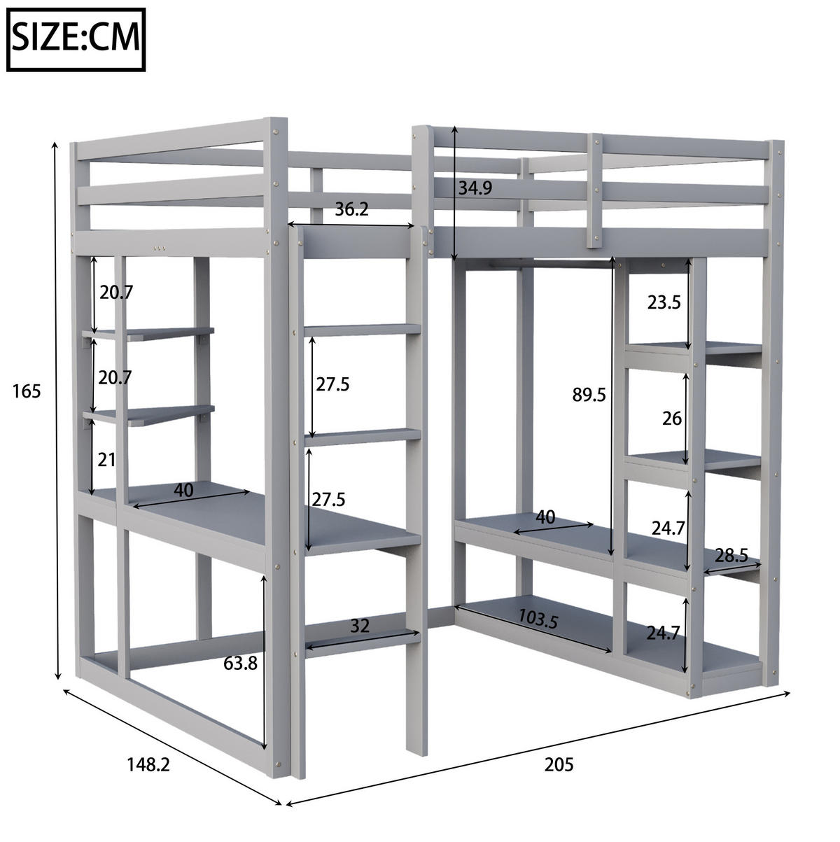 HOCHBETT 140/200 cm in Grau – mit Schreibtisch, Stauraum und Leiter - Grau, Holz (140/200cm) - BEAOK