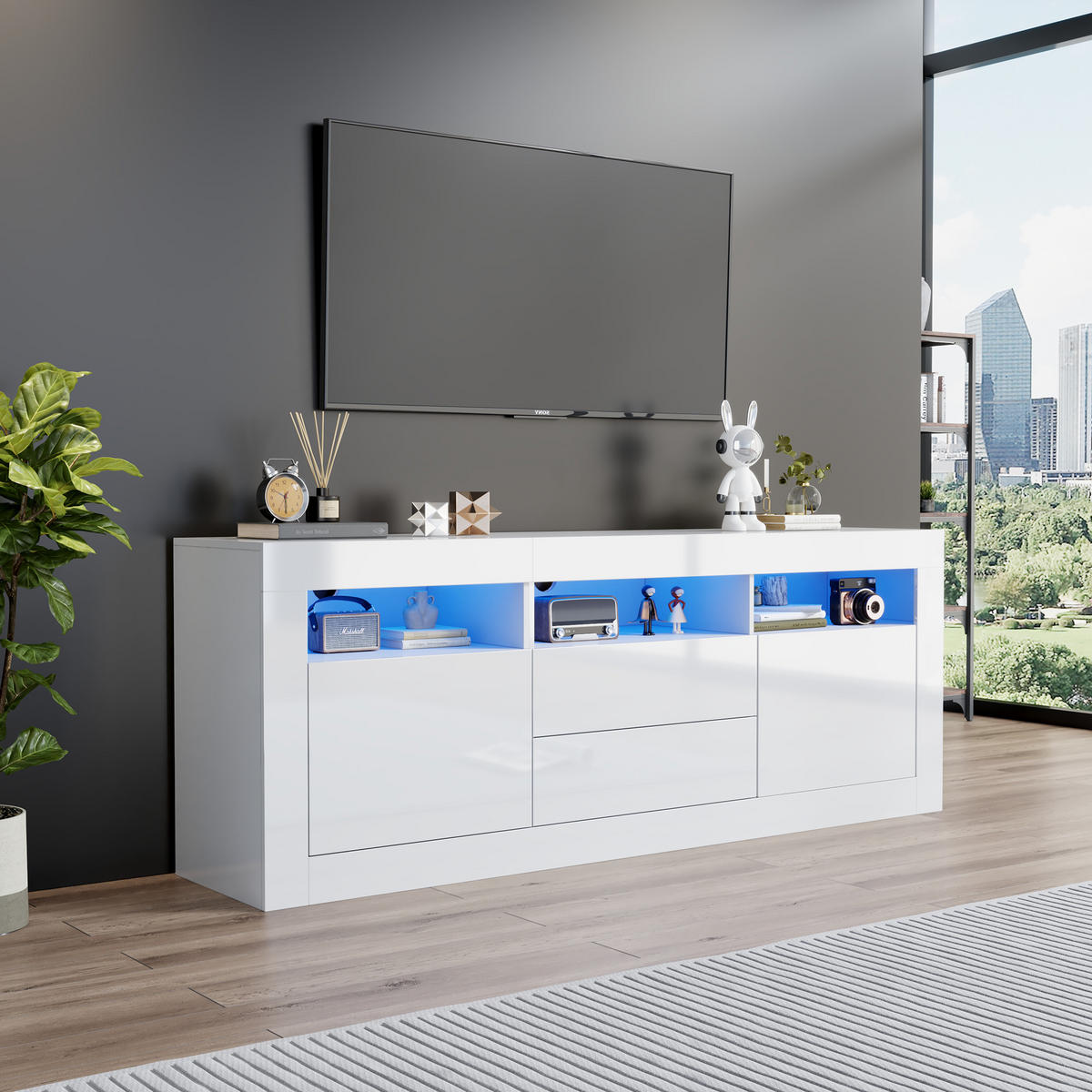 TV-SCHRANK DE-40482 2 Schubladen und 2 Türen mit LED Weiß - Weiß, Holzwerkstoff (160/60/35cm) - ComfortXL