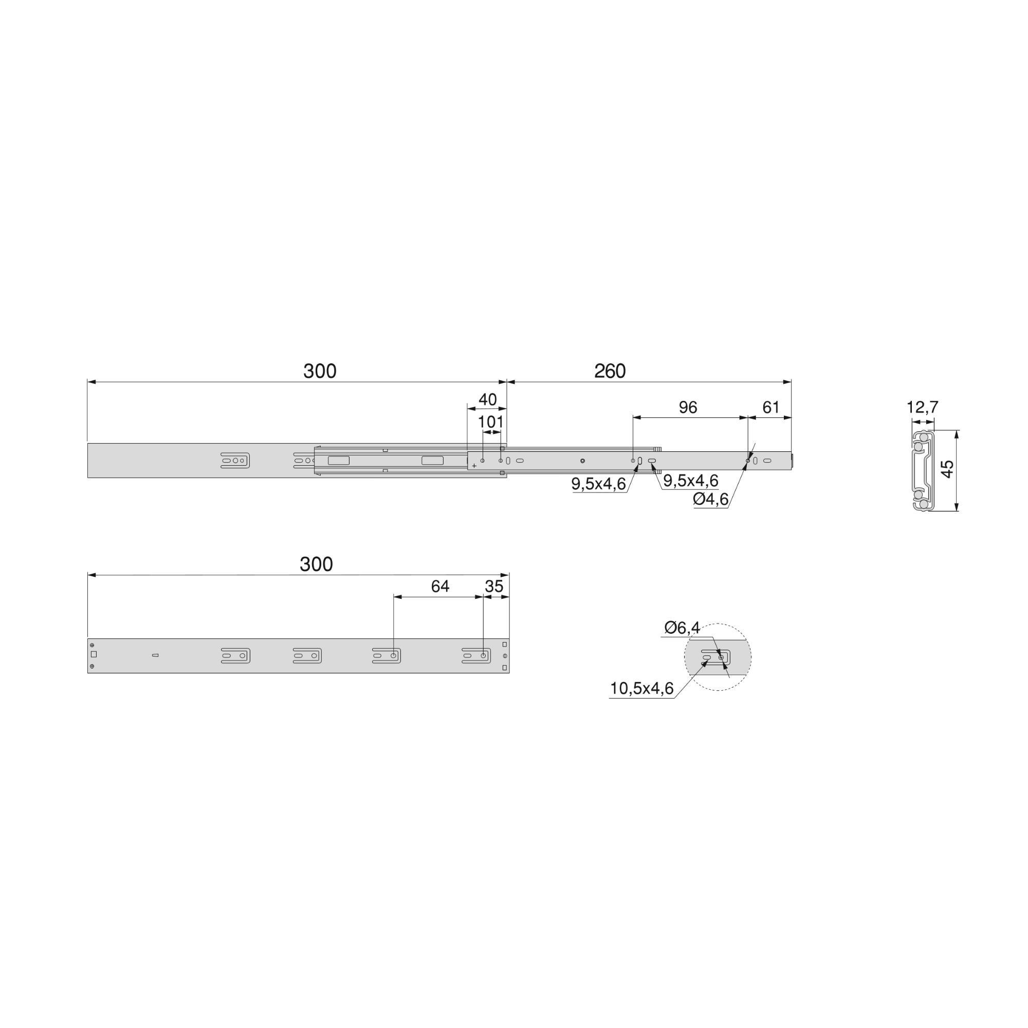 KUGELFÜHRUNGEN Höhe 45mm, Tiefe 300mm, Vollauszug, mit Push, mit Schließautomatik, Verzinkt 5er-set - Zinkfarben, Metall (1.27/5/30cm) - EMUCA