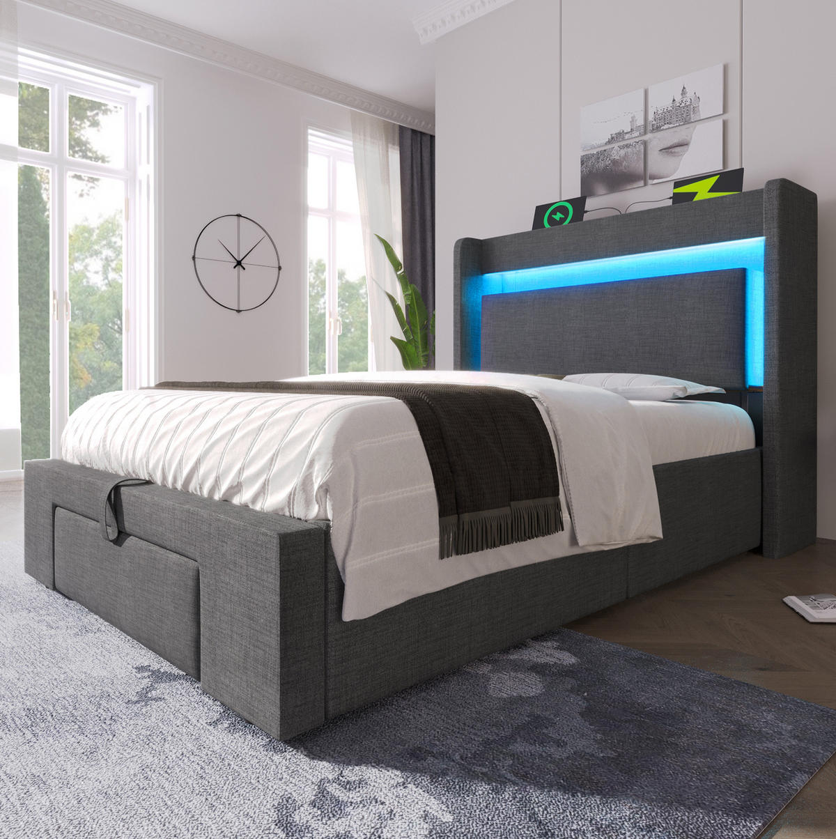 BETT mit Stauraum & LED 90x200 cm Leinen Grau - Grau, Metall (90/200cm) - Meubliv