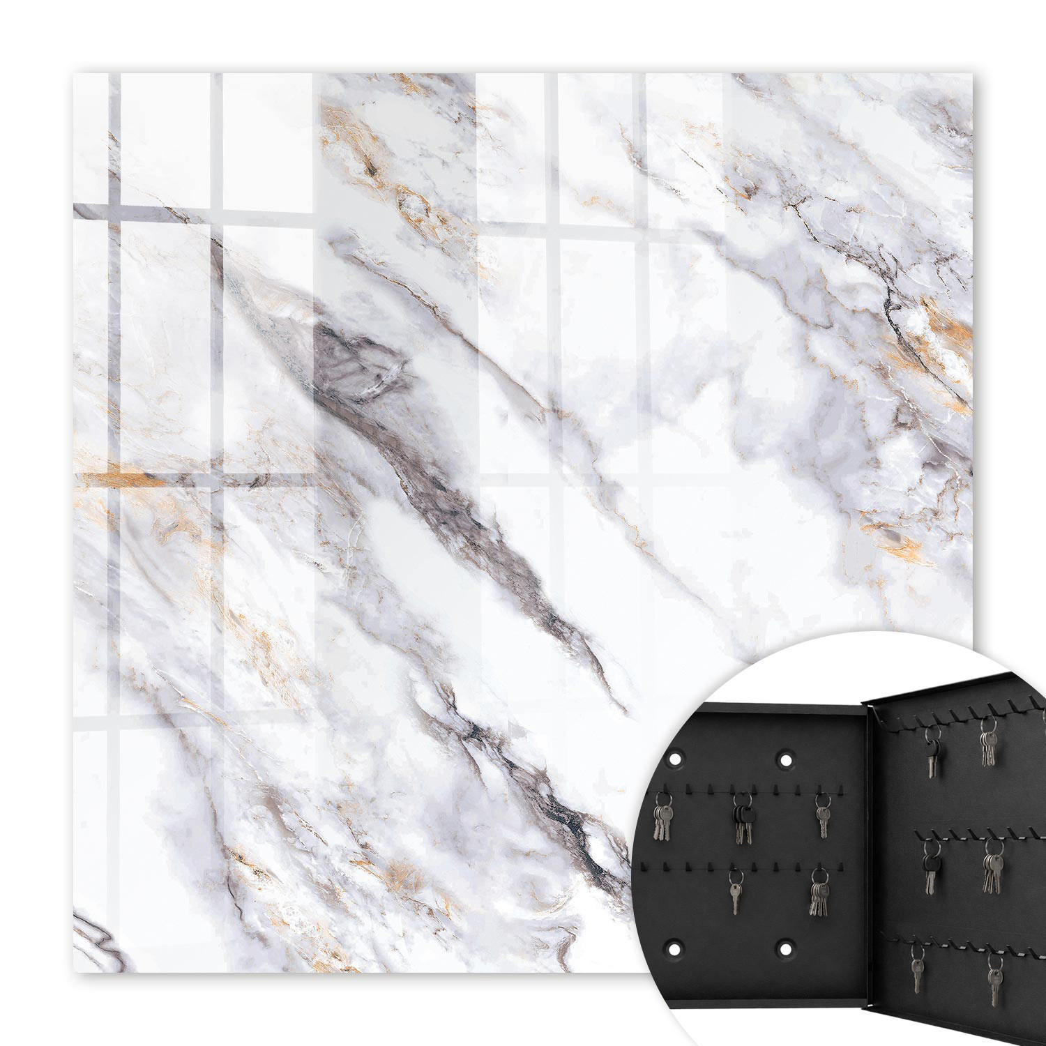 SCHLÜSSELBOX Schwarz 30x30 cm- Türöffnung nach rechts - Marmor-Eleganz - Weiß, Metall (30/30/5cm) - TULUP