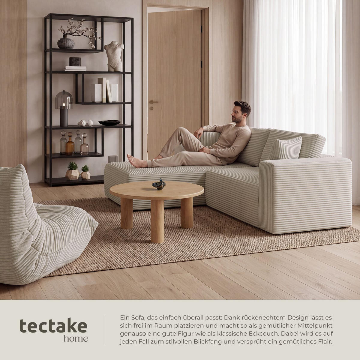 SOFA Relax, keine Montage, 250 cm Breite, Samtcord beige - Beige, Kunststoff/Textil (250/162cm) - tectake