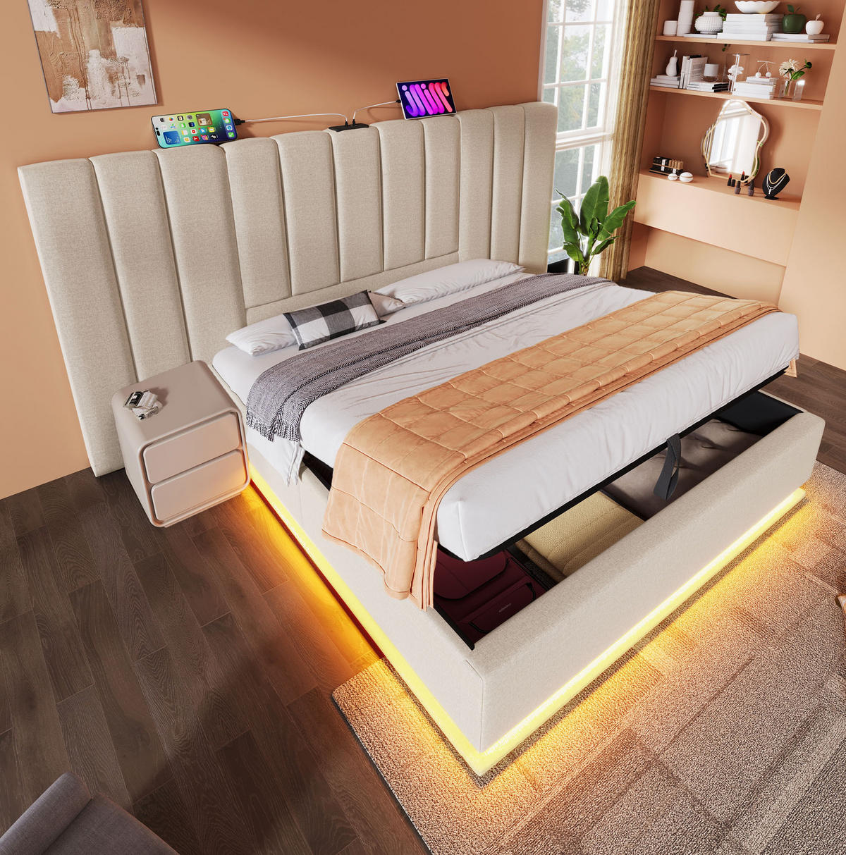 POLSTERBETT 160/200 cm mit hydraulischem Bettkasten, 360° LED & USB/USB-C, Beige - Beige, Textil (160/200cm) - Redom