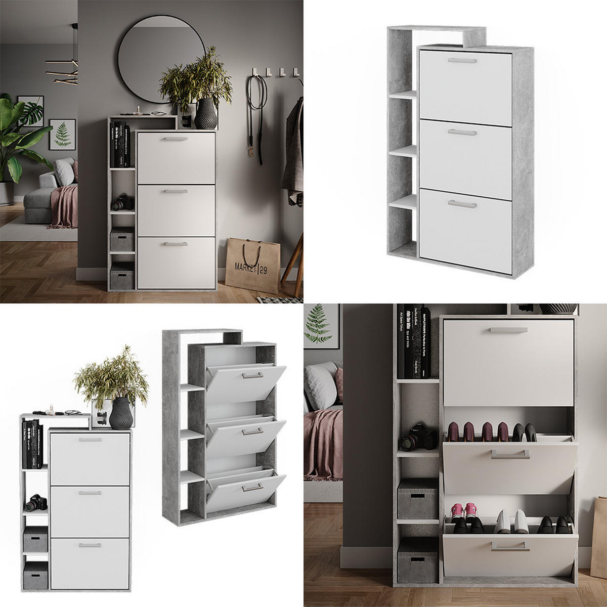 SCHUHKOMMODE Orlando Beton 80 x 128.3 cm mit 3 Fächern - Schieferfarben/Weiß, Holzwerkstoff (80/128.3/24.2cm) - Vicco