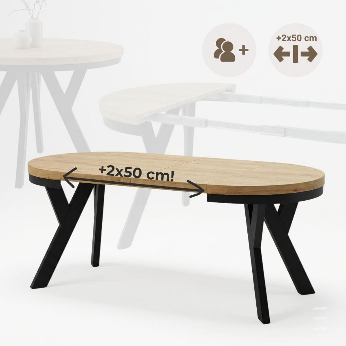 ESSTISCH Runder Ausziehbarer PERO 90/190 mit einem Ring-Gestell, Franklin Nuss / Schwarz - Dunkelbraun/Schwarz, Holz (190/90/77cm) - Dekori_Interiors