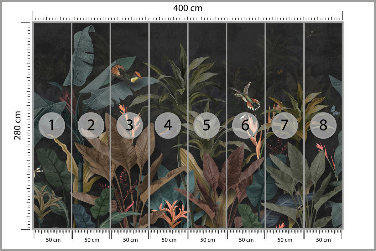 FOTOTAPETE Exotische Palmenblätter Dunkler Hintergrund Insekten Tropisch 400x280 - Orange/Braun, Papier (400/280cm) - Muralo