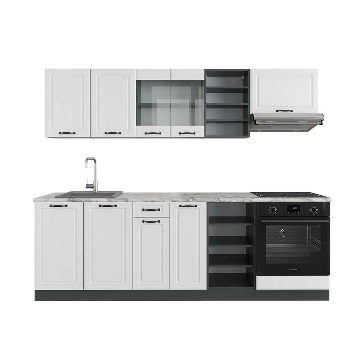 KÜCHENZEILE R-Line Weiß Landhaus/Anthrazit 240 cm, AP Marmor - Anthrazit/Weiß, Holzwerkstoff (240/81.6/60cm) - Vicco