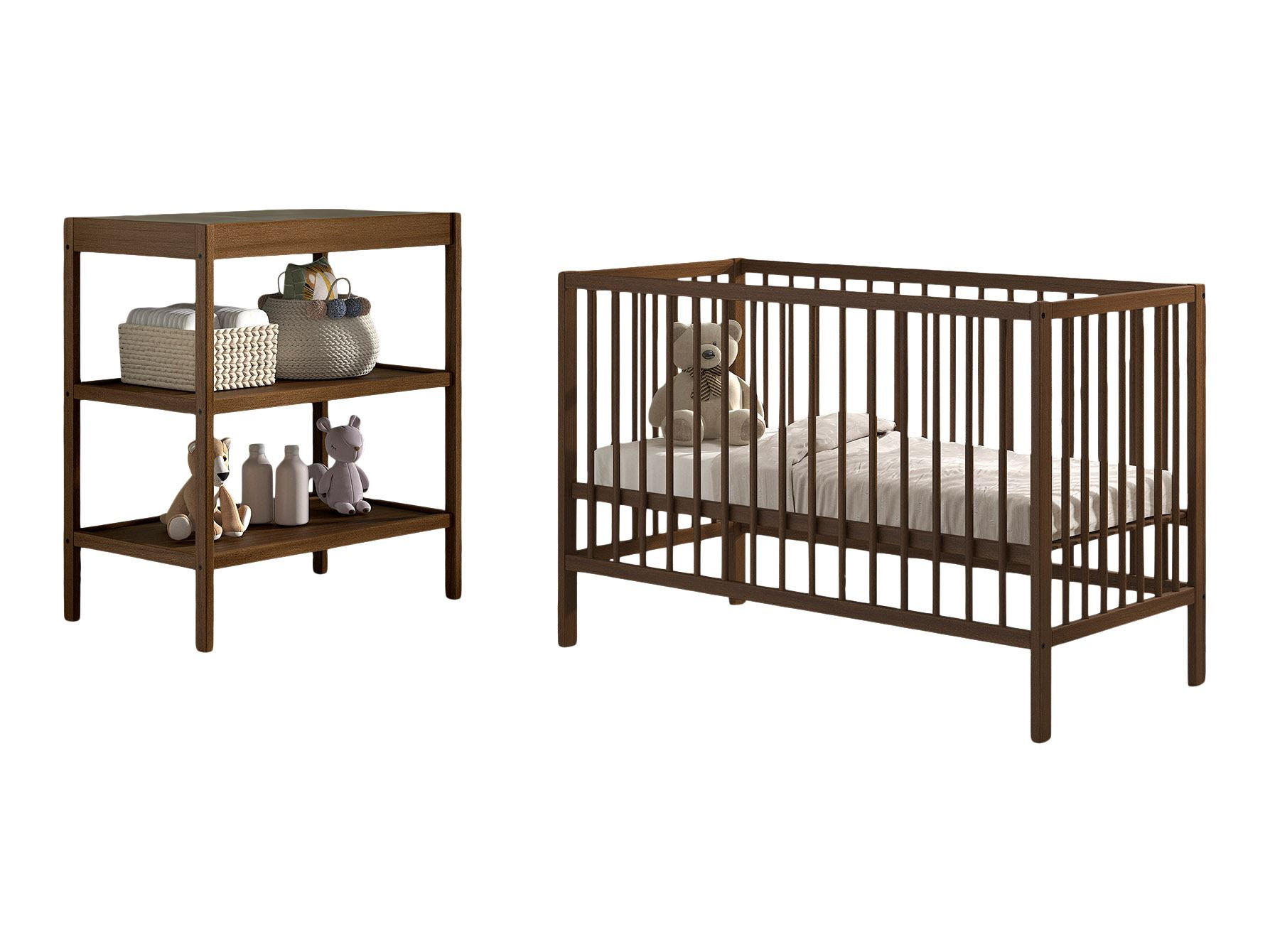 BABYZIMMER SET Keira mit Babybett Wickelkommode Buche massiv nussbaum - Nussbaumfarben, Holz (84/65/124cm) - 58aufmkessel