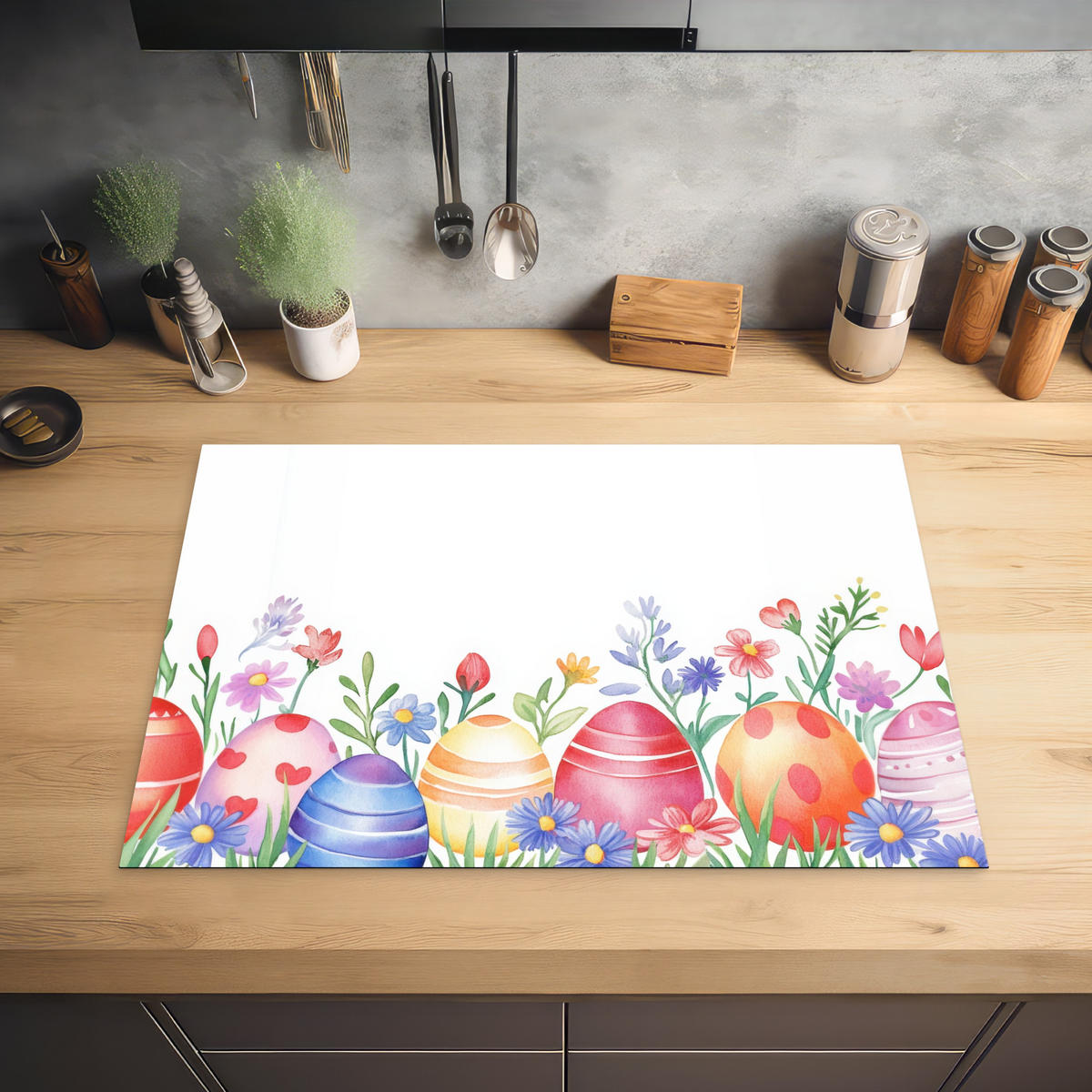 HERDABDECKPLATTE Blumengarten - Bunt - Eier Herdabdeckung Induktionsfeld 75x52 cm - Weiß, Kunststoff (75/52/0.2cm) - MuchoWow