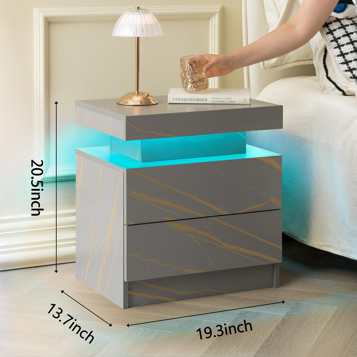 NACHTTISCH 50/53/36 cm mit LED-Beleuchtung & 2 Schubladen in Grau/Gold - Grau, Holzwerkstoff (53/36/50cm) - BEAOK