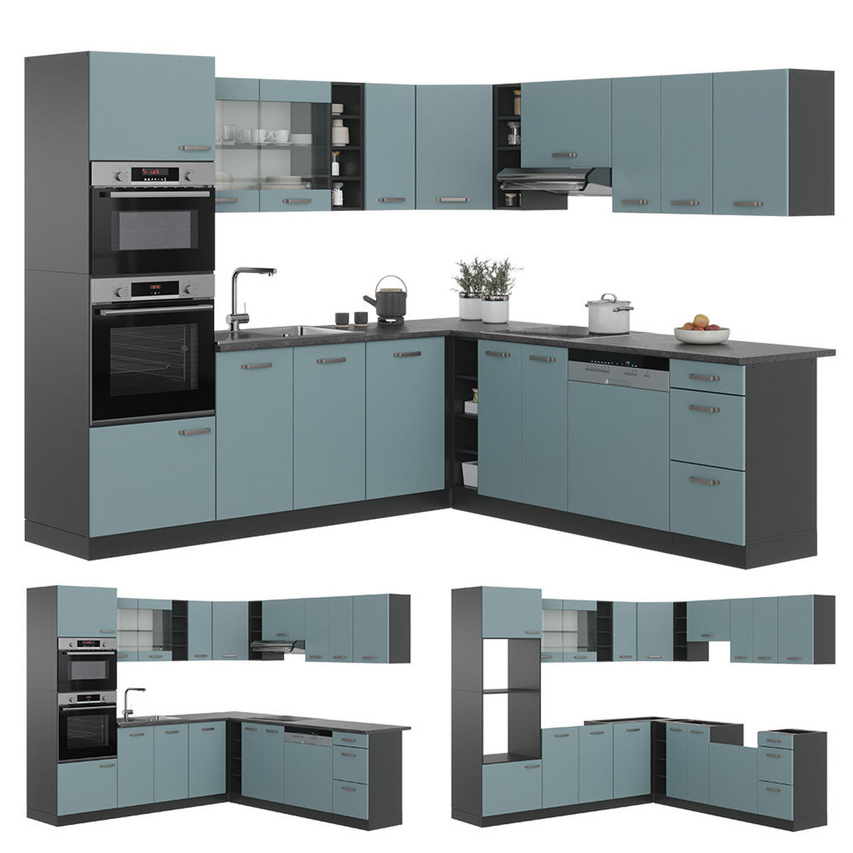 ECKKÜCHE R-Line Blau-Grau/Anthrazit 237 x 247 cm, AP Marmor - Anthrazit/Blaugrau, Holzwerkstoff (247/81.6/60cm) - Vicco