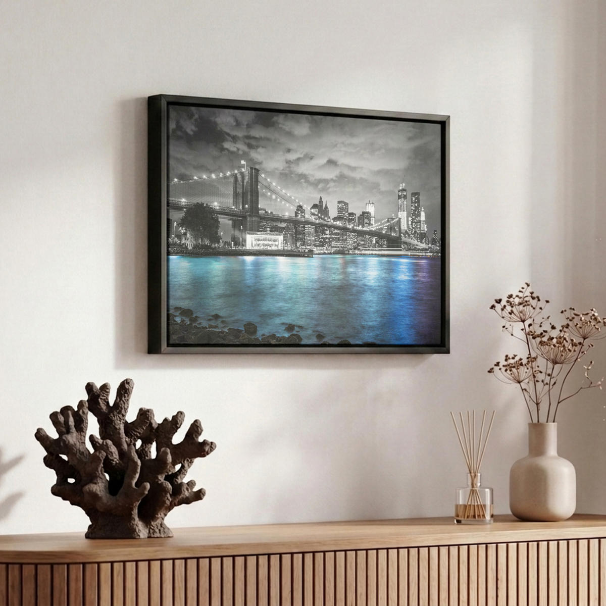 LEINWAND Bilder mit Rahmen - New York - Skyline - Stadt - Blau - 30x20 - Blaugrau, Textil (30/20cm) - MuchoWow