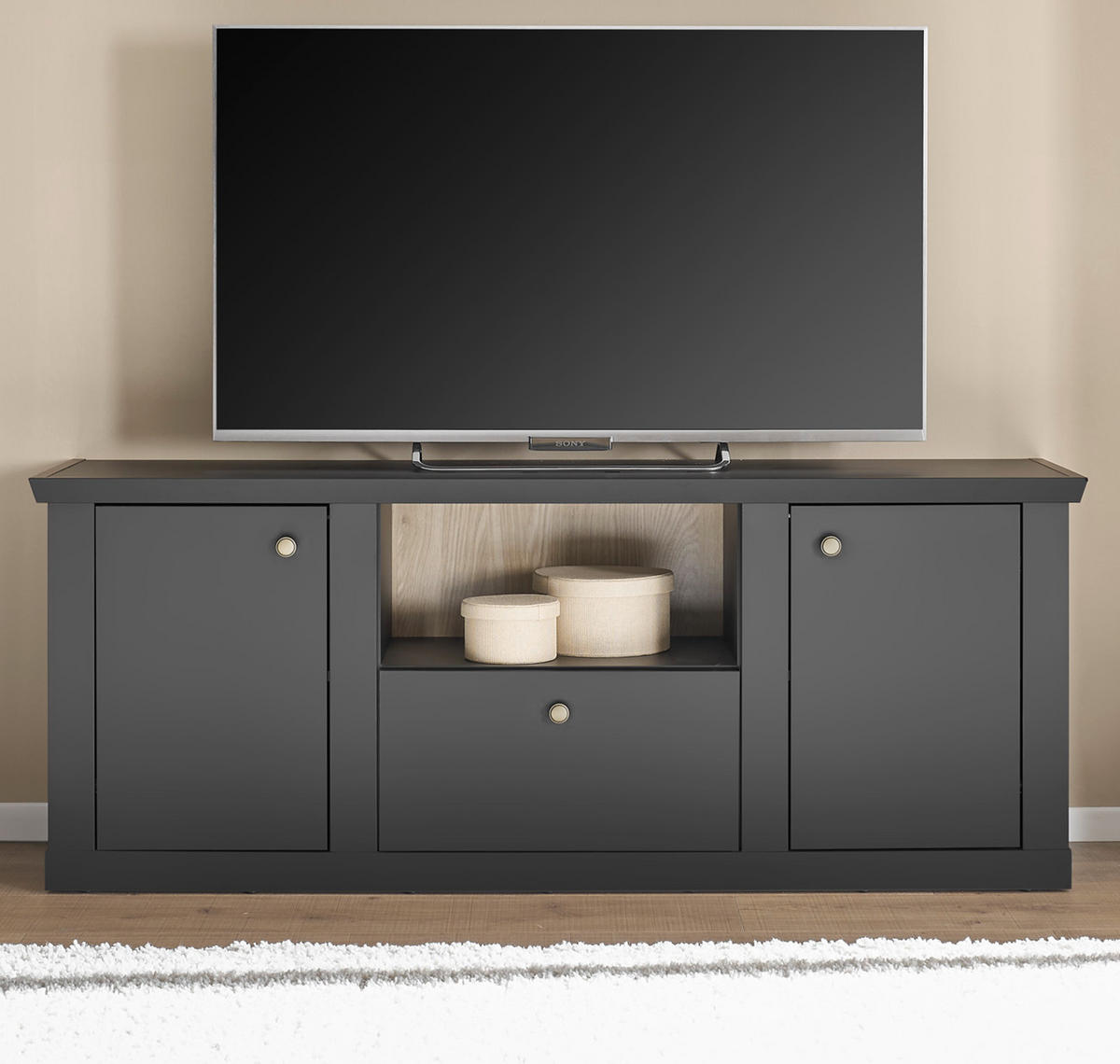 TV-LOWBOARD schwarz matt, Eiche Landhaus 158 cm, TV Unterteil mit Soft-Close - Eichefarben/Messingfarben, Holzwerkstoff/Metall (158/62/42cm) - Furn.Design