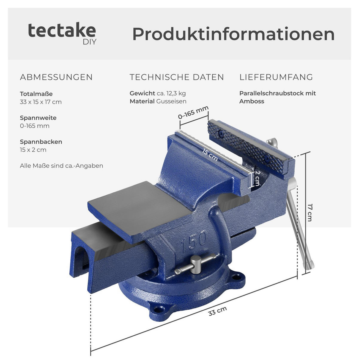 SCHRAUBSTOCK , 3 Anschraublöcher, blau - Blau, Metall (33/15/17cm) - tectake