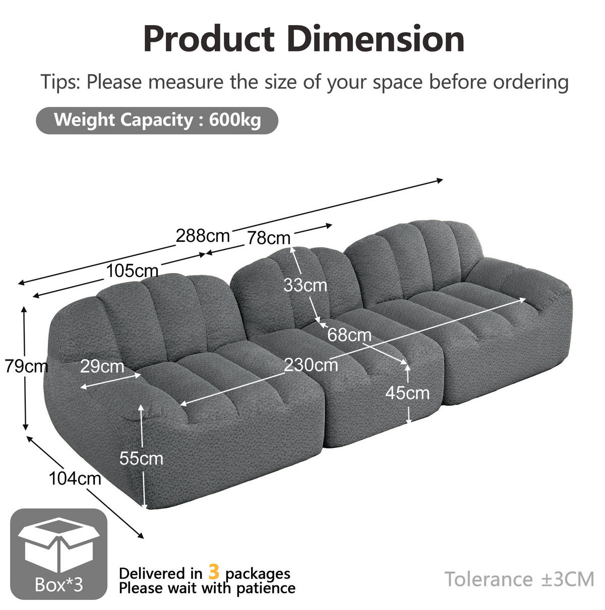 MODULARES 3-Sitzer-Sofa aus granuliertem Fleece mit Ottoman und tiefem Sitz Grau - Grau, Textil (104/79/288cm) - Modenvie
