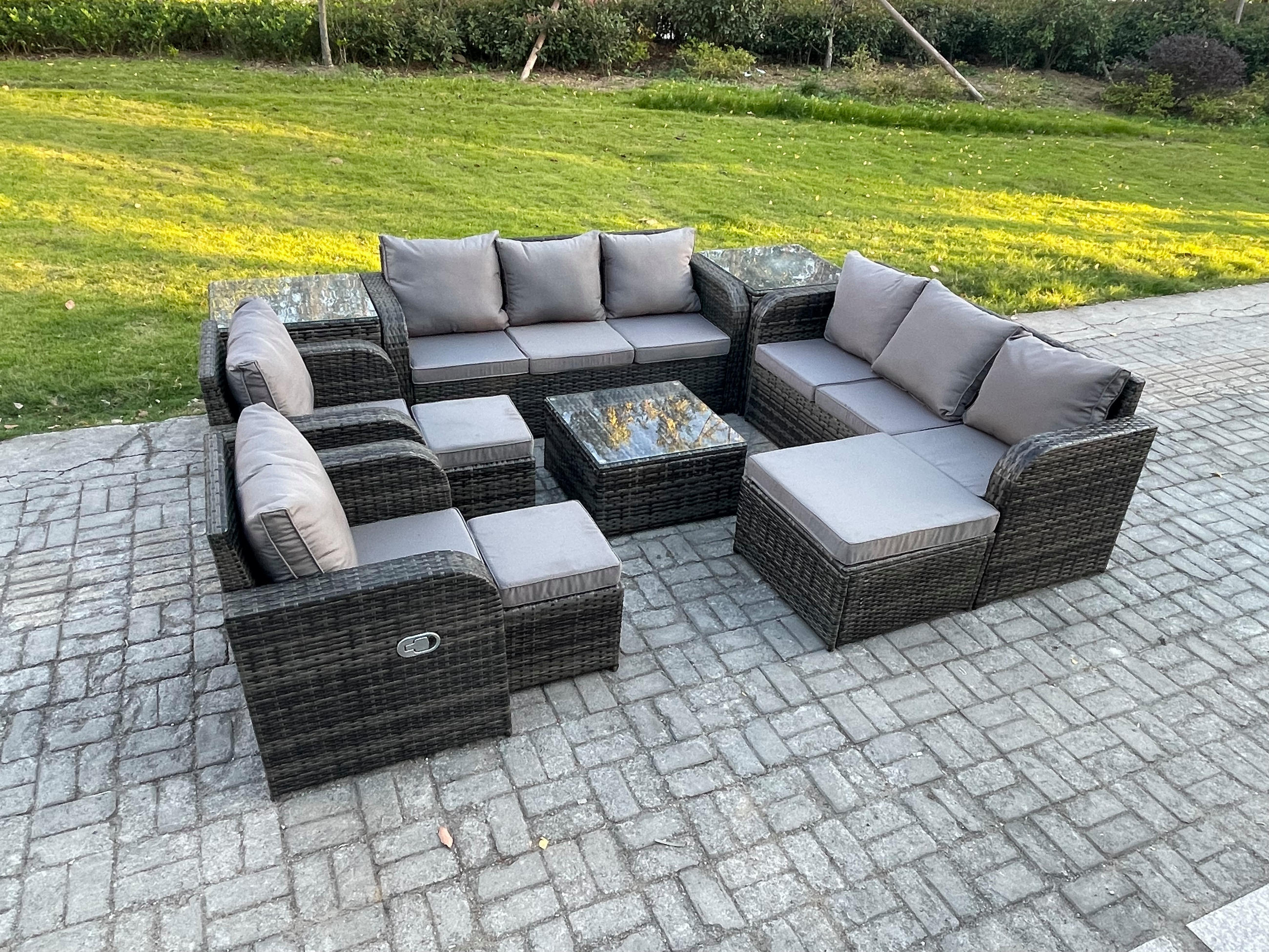 GARTENTISCHGRUPPE Polyrattan Dunkelgrau 10-teilige - Dunkelgrau/Grau, Glas/Kunststoff - Fimous