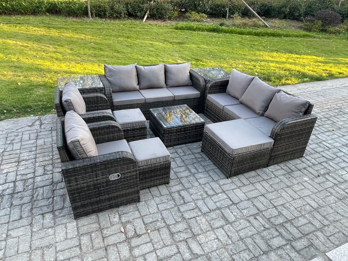 GARTENTISCHGRUPPE Polyrattan Dunkelgrau 10-teilige - Dunkelgrau/Grau, Glas/Kunststoff - Fimous