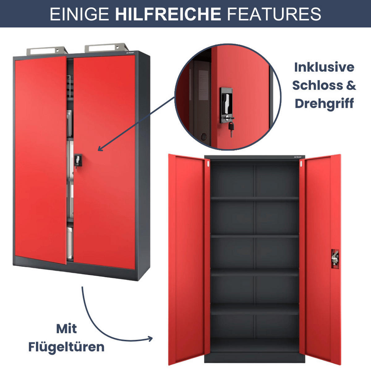 AKTENSCHRANK abschließbar KADO mit Flügeltüren 185x115x40cm Anthrazit-Rot - Anthrazit, Metall (115/185/40cm) - DELUKE
