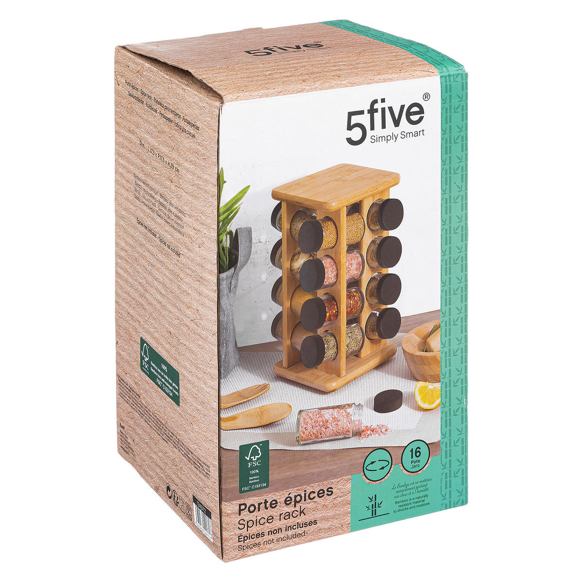 GEWÜRZKARUSELL, mit 16 Gewürzdosen aus Glas, Bambus, 27.7 cm - Braun, Holz (18/18/27.7cm) - 5five Simply Smart