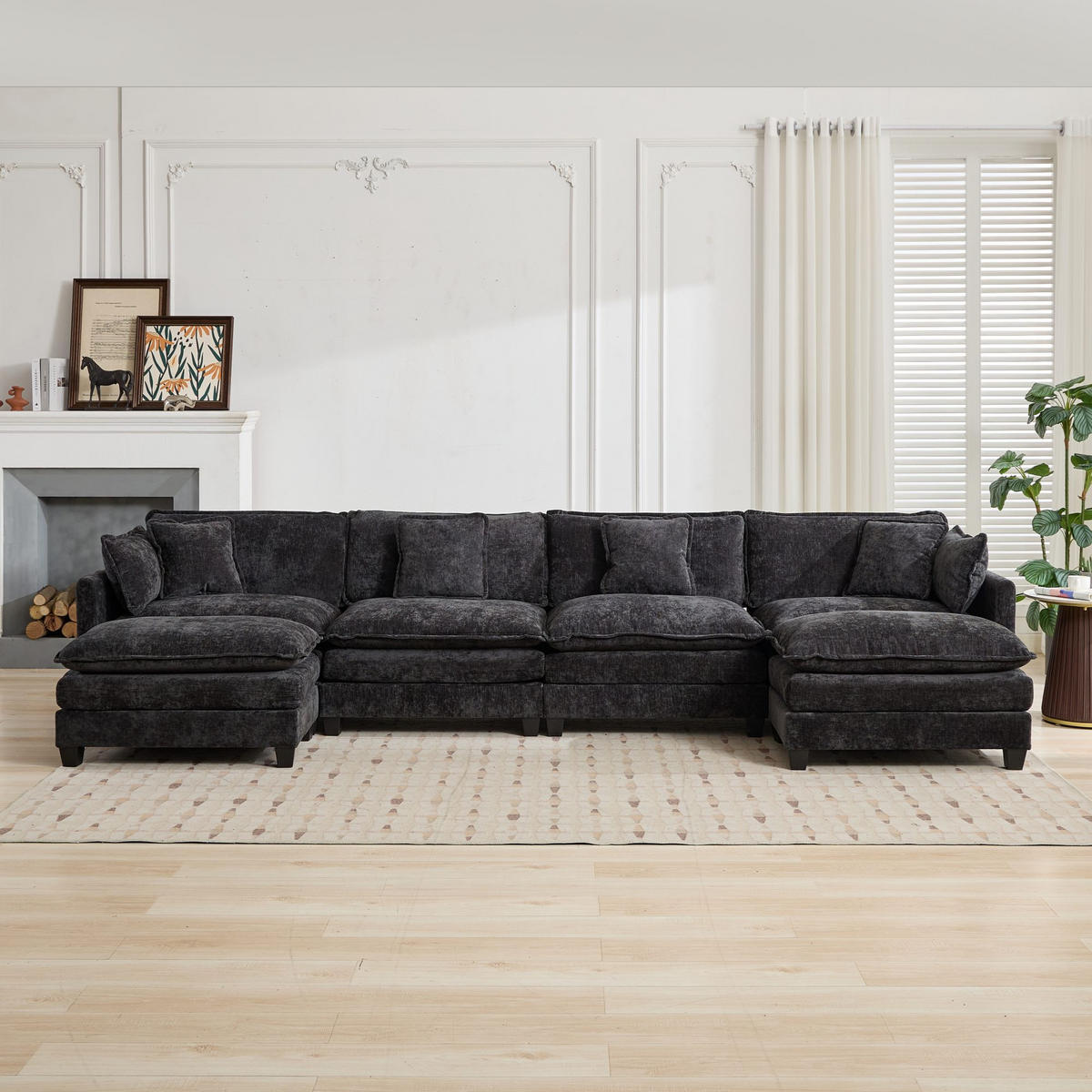SOFA 4-Sitzer aus Chenille mit flexiblem Moduldesign, schwarz - Schwarz, Textil (75/84/380cm) - Luhomfu
