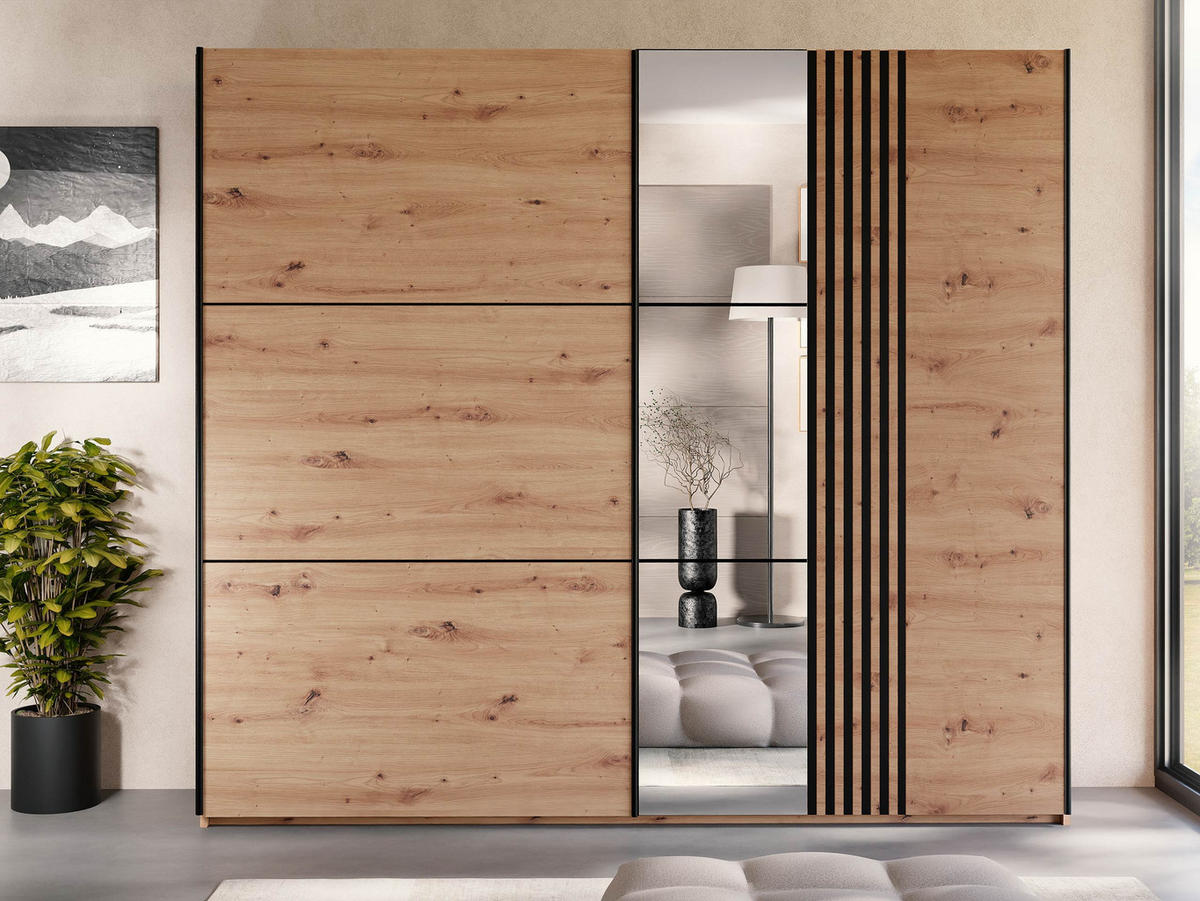 SCHIEBETÜRENSCHRANK Sinatra 250 - Schwarz/Eiche Artisan, Holzwerkstoff/Metall (250/215/65cm) - MIRJAN24