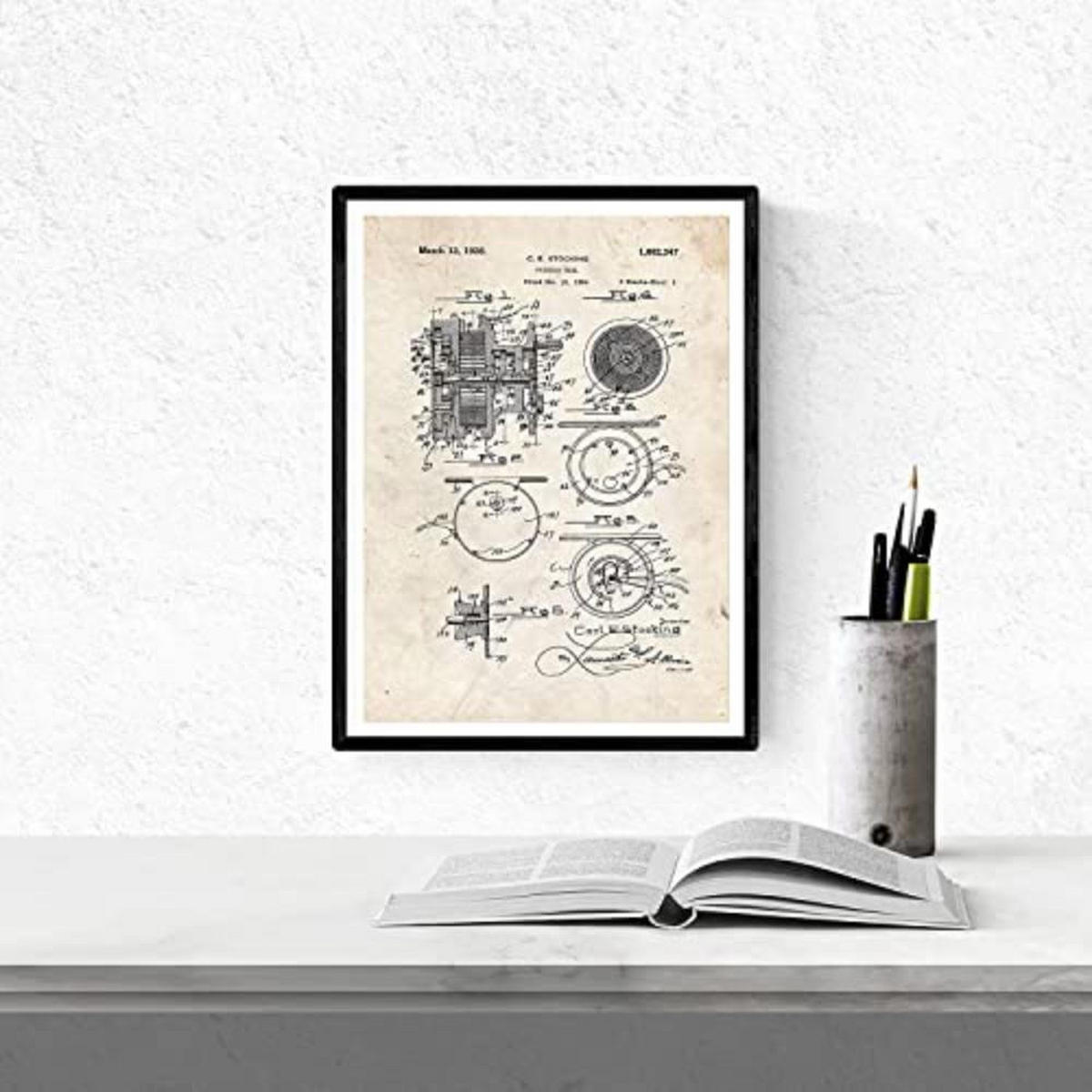 POSTER Set mit 4 Angelrute Patent A4 Schwarzer Rahmen - Schwarz, Papier (29.7/3cm) - Nacnic