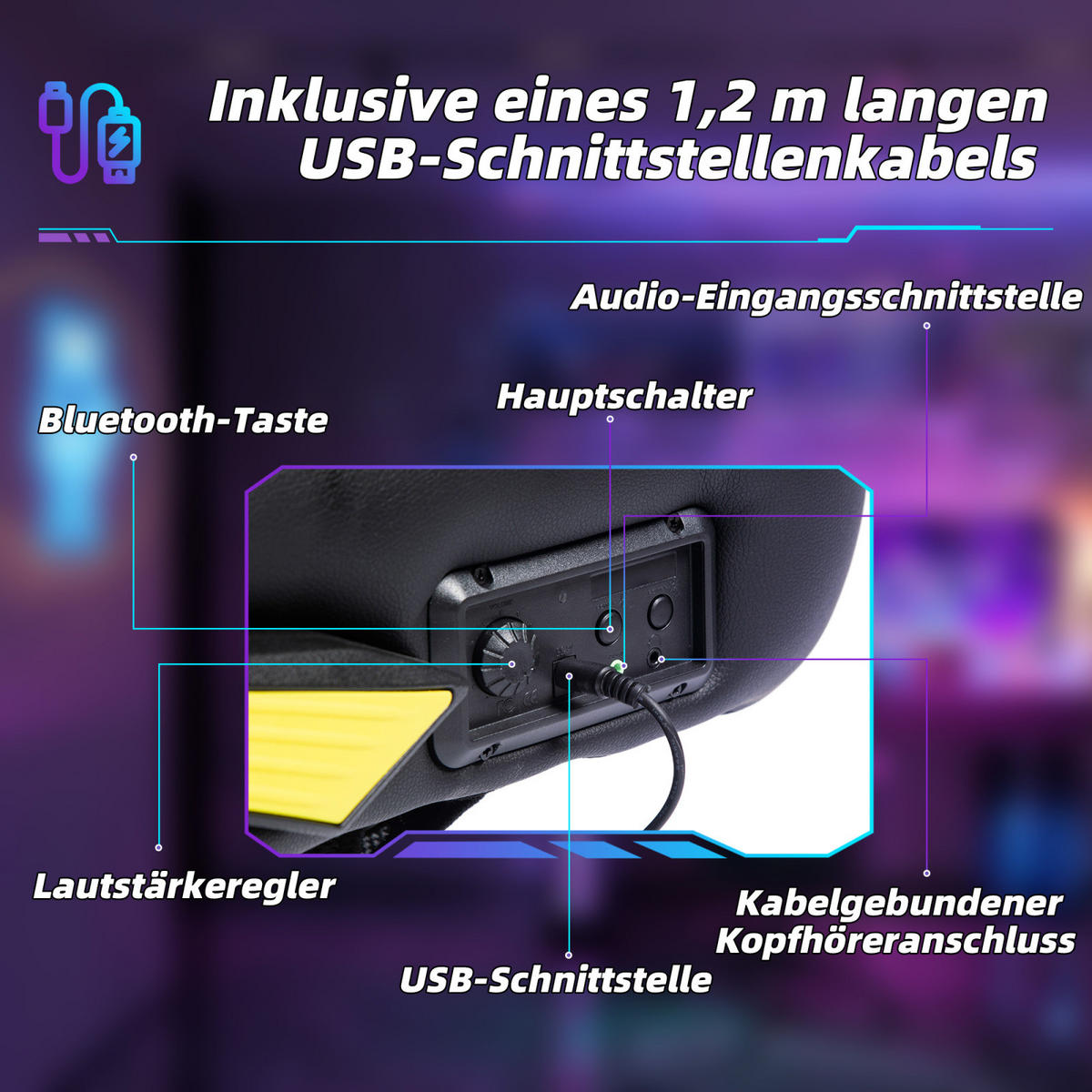 GAMING Stuhl mit runder Bodenplatte, drehbar & neigbar, ergonomischer Sessel, Schwarz-Gelb - Gelb, Leder (69/112/73cm) - BRILVERDE