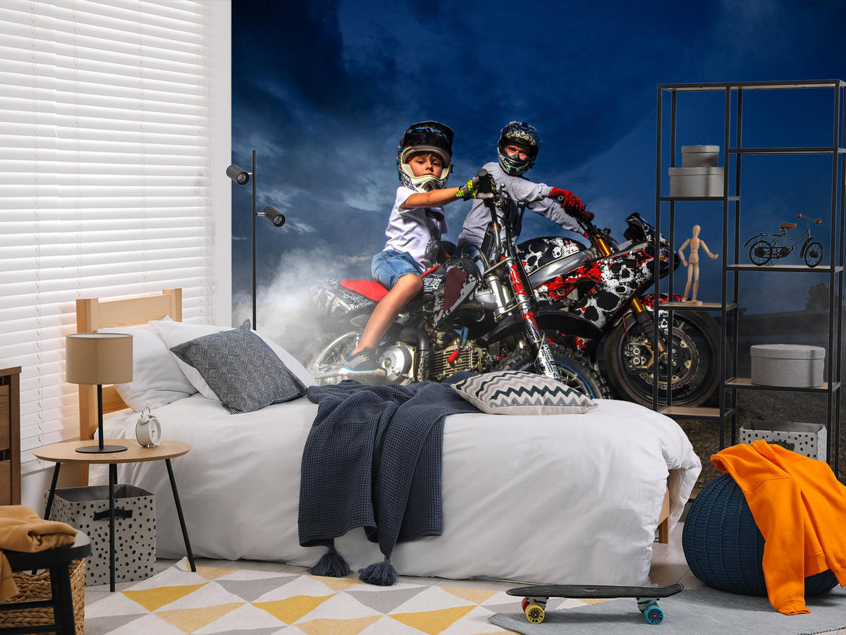 FOTOTAPETE für Schlafzimmer Vater Sohn Motorräder Action 450x315 - Rot/Schwarz, Papier (450/315cm) - Muralo