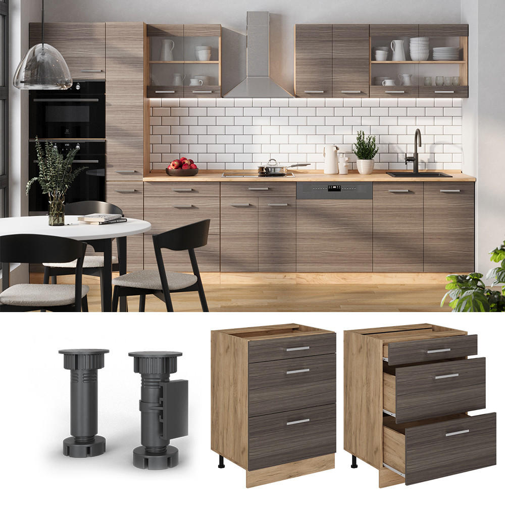 KÜCHENUNTERSCHRANK R-Line Edelgrau 60 cm mit Schubladen, ohne Arbeitsplatte - Honigeiche/Eiche Wotan, Holzwerkstoff (60/81.6/46cm) - Vicco