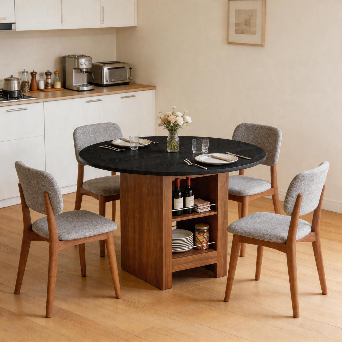 ESSTISCH Schwarz mit Ablageboden und nussbaumfarbenem Metallgestell 100/100/76 cm - Schwarz, Holz (100/100/76cm) - Oxeza
