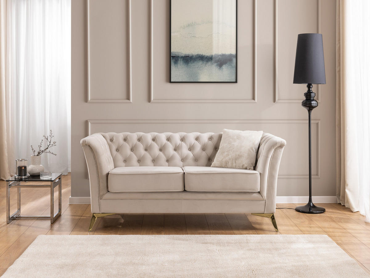 SITZGARNITUR 3+2+1 Chesterfield Whitby Beige Samt mit goldenen Füßen - Beige/Goldfarben, Holz/Textil (237/78/82cm) - S-Style Möbel