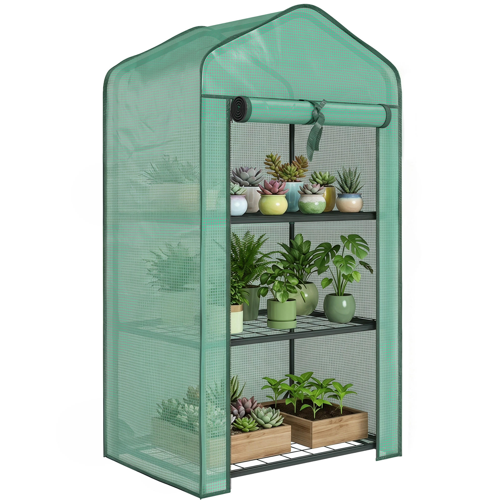 GEWÄCHSHAUS DE-12089 mit 3 Etagen & Rolltür Grün - Grün, Kunststoff (39/127/59cm) - ComfortXL