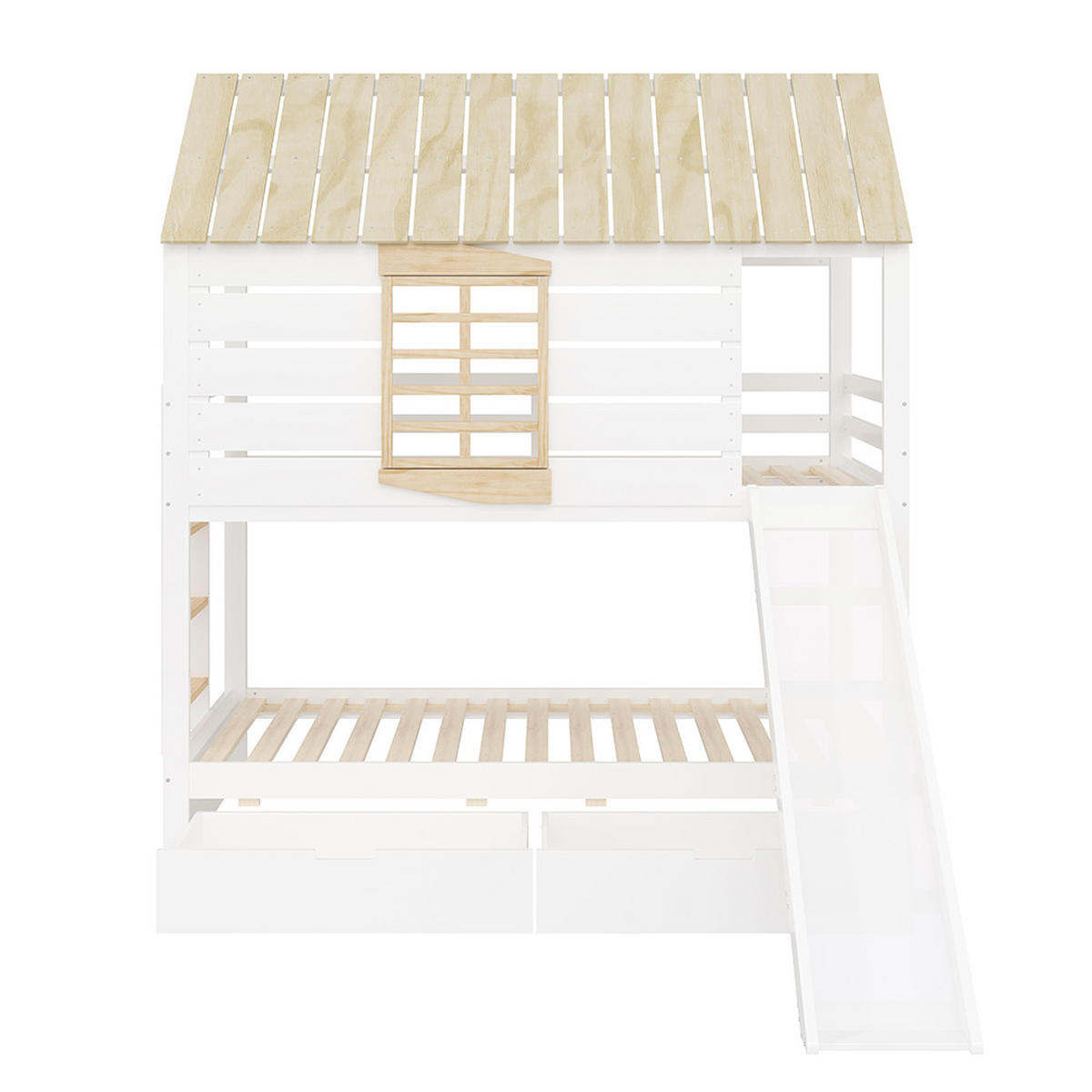 HAUSBETT 90X200 cm mit Rutsche und 2 Schubladen, Weiß+Natural - Weiß, Holz (90/200cm) - KOMHTOM