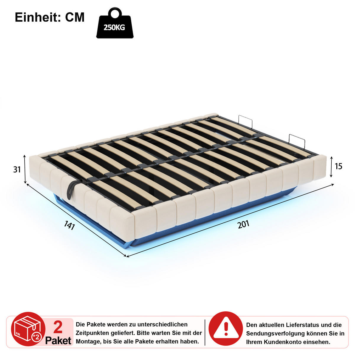 ČALOUNĚNÁ POSTEL 140/200 cm v béžové lněné látce s úložným prostorem a LED osvětlením - béžová, kov/kompozitní dřevo (140/200cm) - WISHDOR