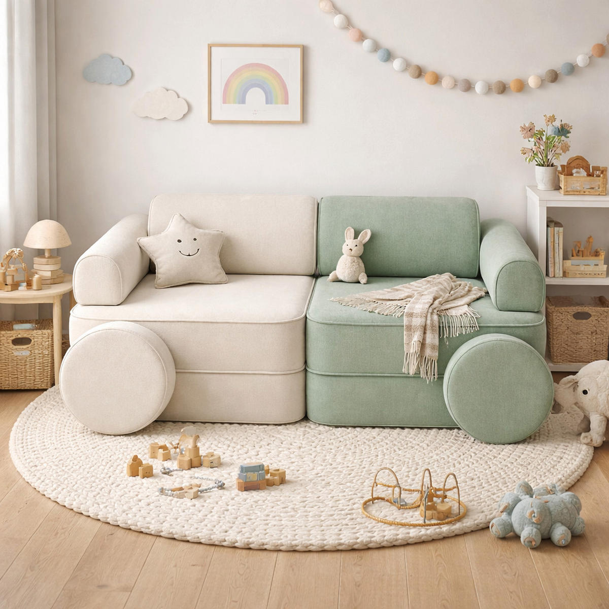 MODULARES Kindersofa 8 Elemente zweifarbig - Beige/Olivgrün, Textil (120/50/60cm) - Bees & Blooms