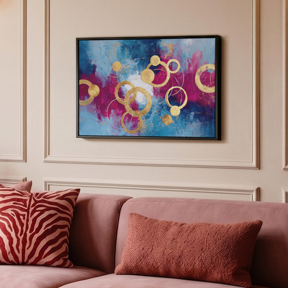 LEINWAND Bilder mit Rahmen - Kreise - Gold - Abstrakt - 60x40 - Blau, Textil (60/40cm) - MuchoWow