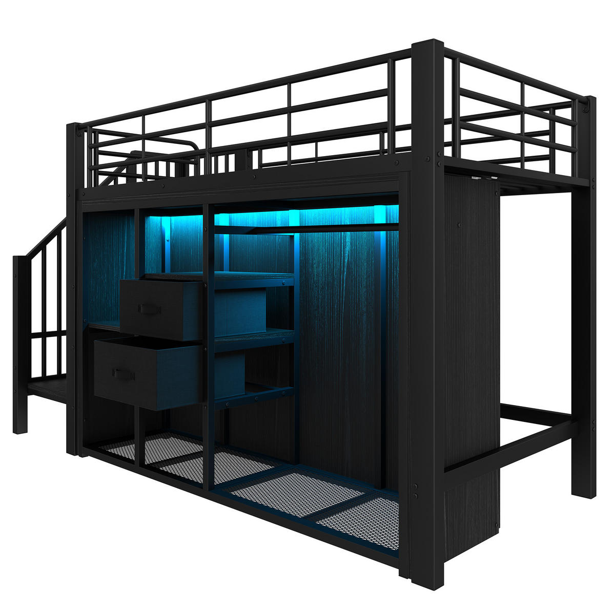 HOCHBETT Kinderbett 90/200 cm aus Metall und MDF mit LED-Beleuchtung und offenem Kleiderschrank Schwarz - Schwarz, Metall (90/200cm) - Modenvie
