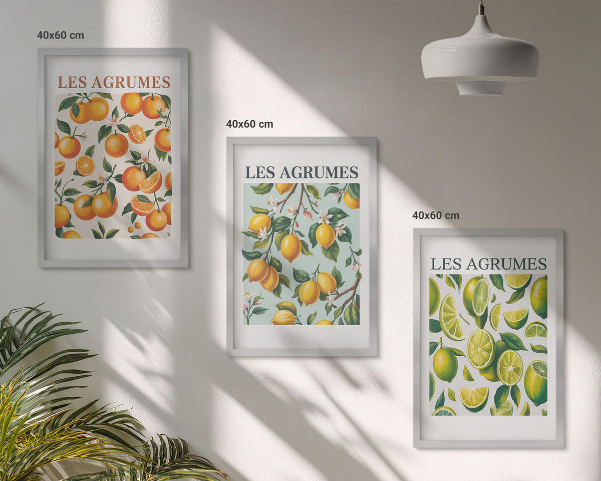 WANDBILDER 3er Set - 40x60 cm Silberner Rahmen - Fruchtige Zitrus-Pastellmuster - Silberfarben, Kunststoff (40/60cm) - ArtPrintCave