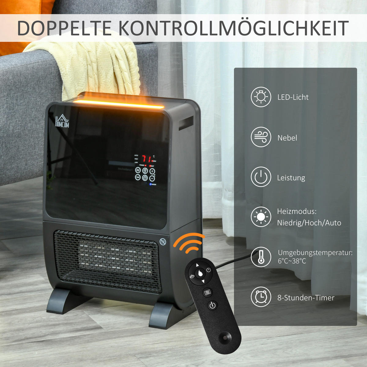 HEIZGERÄT, mit Fernbedienung, 8-Stunden-Timer, 2000W, ABS, Schwarz - Schwarz, Metall (21/49.5/33cm) - HOMCOM