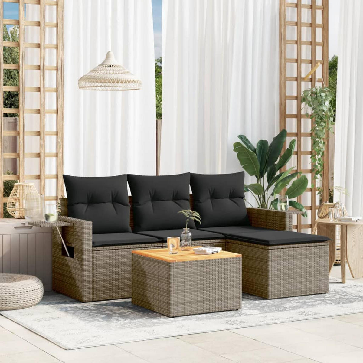 GARTEN-SOFAGARNITUR 5-teilig Mit Kissen Grau Poly Rattan - Grau, Kunststoff - vidaXL